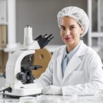 smiley-female-researcher-biotechnology-laboratory-with-microscope smiley-female-researcher-biotechnology-laboratory-with-microscope